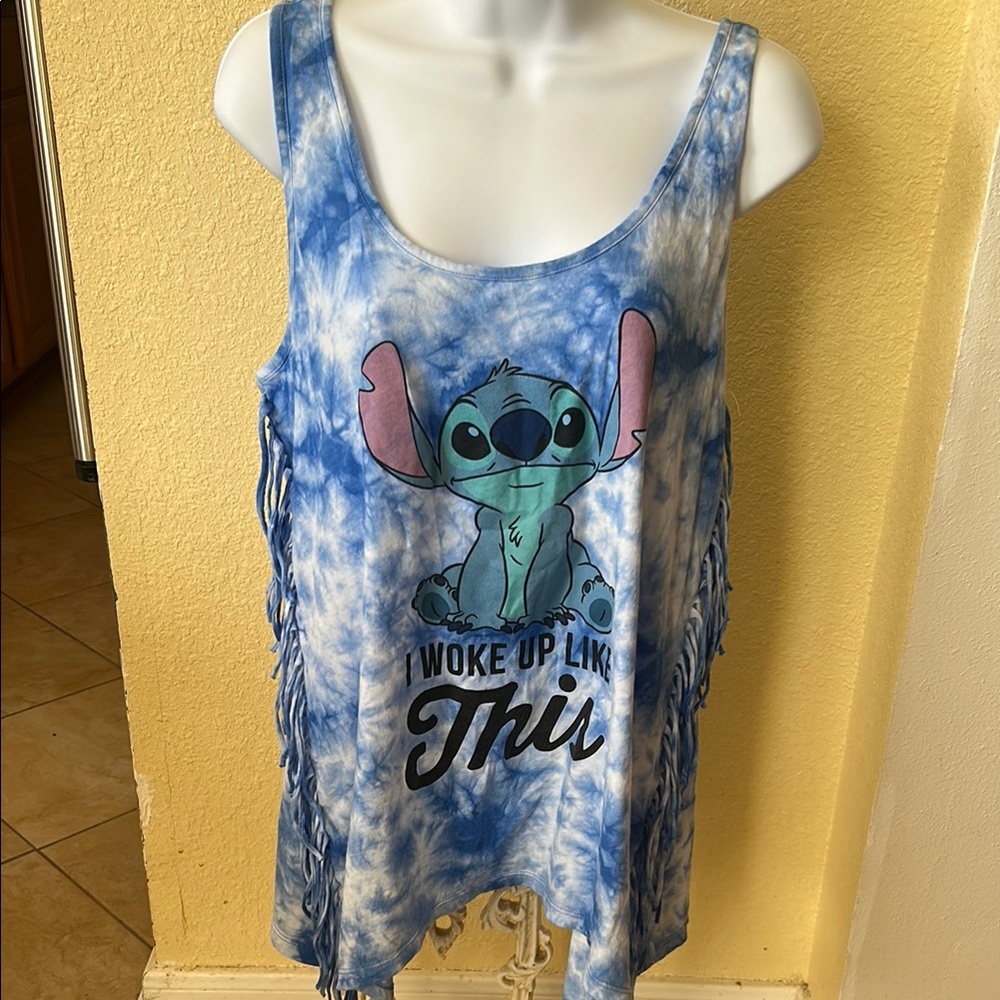 Disney Stitch Blue and White Graphic Asymmetrical Tank Top with fringe, NWOT